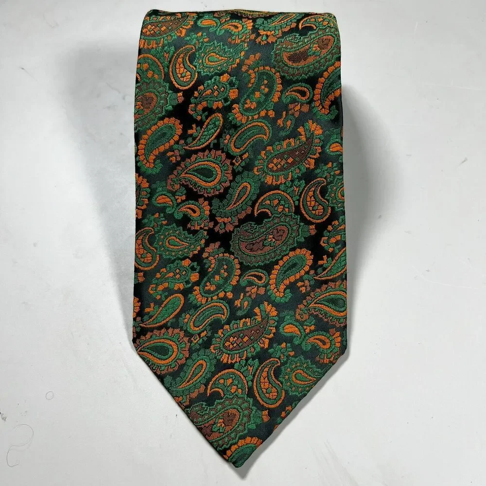 Carnival De Paris Mens Tie Gold Kelly‎ Green Paisley One Size Classic Vintage